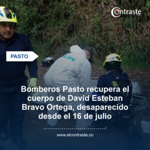 Bomberos Pasto recupera el cuerpo de David Esteban Bravo Ortega, desaparecido desde el 16 de julio
