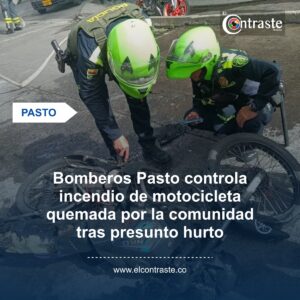 Bomberos Pasto controla incendio de motocicleta quemada por la comunidad tras presunto hurto