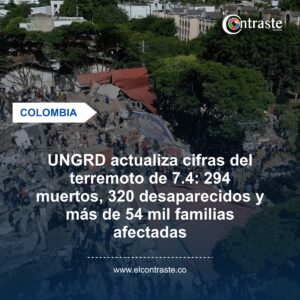 UNGRD actualiza cifras del terremoto de 7.4: 294 muertos, 320 desaparecidos y más de 54 mil familias afectadas